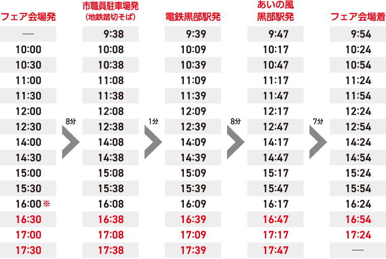 くろべフェア2022　シャトルバス時刻表 三日市シャトルバス